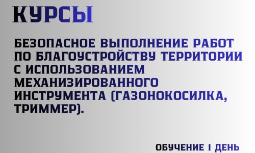 Курсы. Безопасное выполнение работ по благоустройству территории с использованием механизированного инструмента (газонокосилка, триммер). Обучение 1 день.